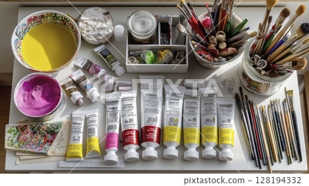 Art supplies arranged on a table with vibrant paints, brushes, and creative tools for education 128194332