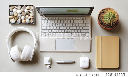 Modern workspace with laptop, headphones, notebook and decorative plants for educational inspiration 128194335