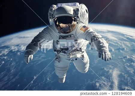 Close-up of astronaut in white spacesuit with Earth's curved horizon reflected in helmet visor Close-up of astronaut in white spacesuit with Earth's curved horizon reflected in helmet visor 128194609