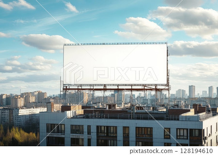 Large white billboard on rooftop with panoramic view of urban skyline and cloudy blue sky in background Large white billboard on rooftop with panoramic view of urban skyline and cloudy blue sky in background 128194610
