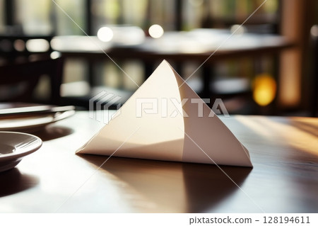 White napkin folded into pyramid shape on restaurant table with place setting and blurred background 128194611