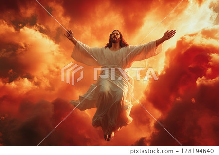 Robed Jesus Christ figure with outstretched arms rising against a dramatic backdrop of fiery orange clouds 128194640