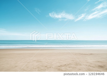 Expansive beach scene with soft sand, gentle waves, and a bright blue sky adorned with delicate wispy clouds Expansive beach scene with soft sand, gentle waves, and a bright blue sky adorned with delicate wispy clouds 128194646