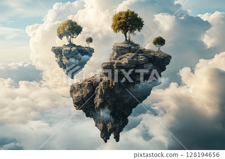 Awe-inspiring scene of massive floating rock islands with trees, suspended in a cloudy sky, embodying a fantastical realm 128194656