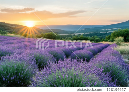 Panoramic view of lavender field with sun rays, mountains in background, vibrant purple flowers in foreground 128194657