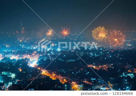 Multiple colorful fireworks explode over urban landscape, lighting up the night sky 128194669