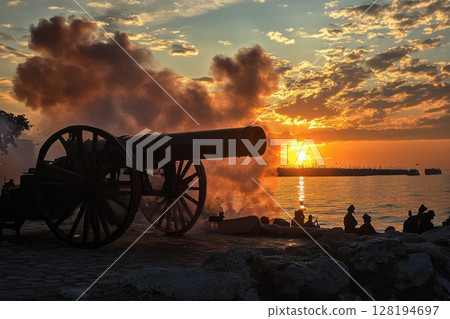 Antique cannon firing with smoke at sunset, silhouettes of people watching 128194697