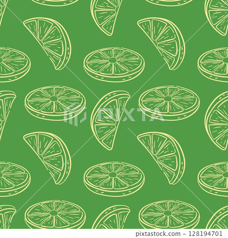 Seamless pattern with line art style lemon slice on green background. Perfect for summer delivery packaging, citrus design for fruit decoration project. 128194701