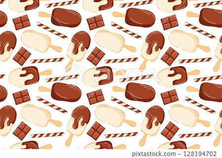Seamless pattern with chocolate ice cream and wafer in cartoon style. Perfect for summer packaging, dessert menu and sweet food theme project. 128194702