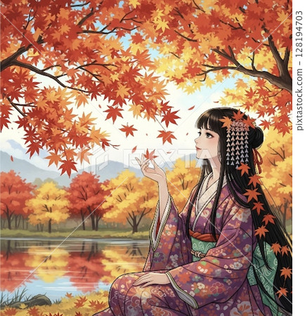 Beautiful woman in kimono enjoying autumn leaves 128194703