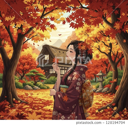 Beautiful woman in kimono enjoying autumn leaves 128194704