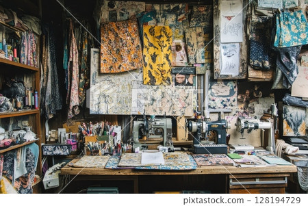 Messy artist studio with sewing machines, fabrics, paint supplies, and artwork scattered about, showcasing a creative and productive environment 128194729