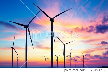 Silhouettes of wind turbines against a vibrant sunset sky with warm hues of orange, pink, and purple, symbolizing renewable energy and environmental conservation Silhouettes of wind turbines against a vibrant sunset sky with warm hues of orange, pink, and purple, symbolizing renewable energy and environmental conservation 128194752