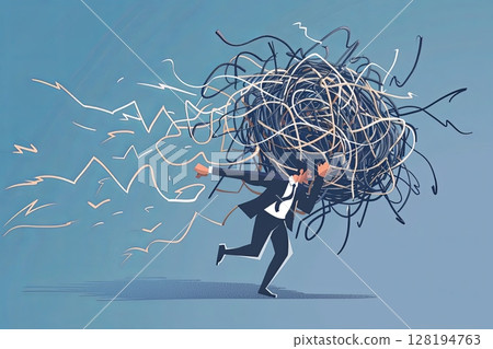 A stressed businessman is overwhelmed, burdened by a chaotic ball of tangled problems, racing against the current challenges of pressure 128194763