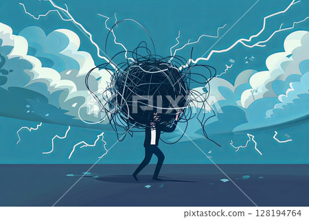 A person struggles under the weight of a chaotic burden, representing the overwhelming feeling of anxiety and stress, amidst a stormy and turbulent backdrop 128194764