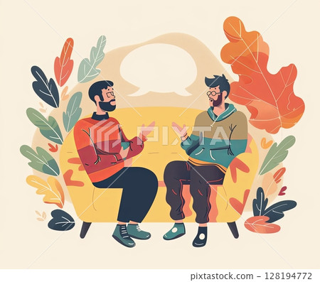 Two friends are deep in conversation, sitting on a cozy couch surrounded by vibrant foliage, suggesting a relaxed discussion about mental health or counseling 128194772