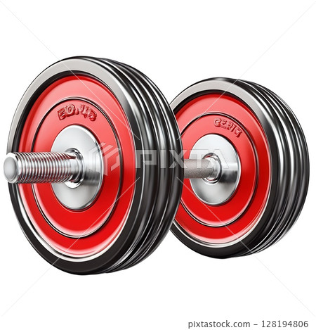 A red and black barbell with a chrome shaft rests on a white background 128194806