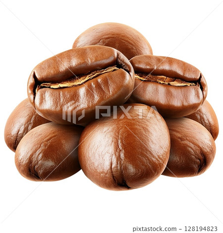 A close-up shot of a pile of roasted coffee beans isolated on a white background 128194823
