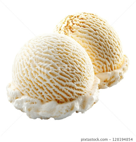 Two creamy scoops of vanilla ice cream, freshly served, ready to be enjoyed 128194854