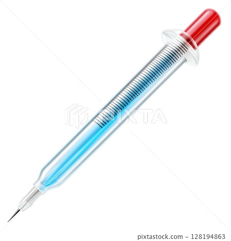 A transparent medical syringe filled with a light blue liquid, ready for injection 128194863