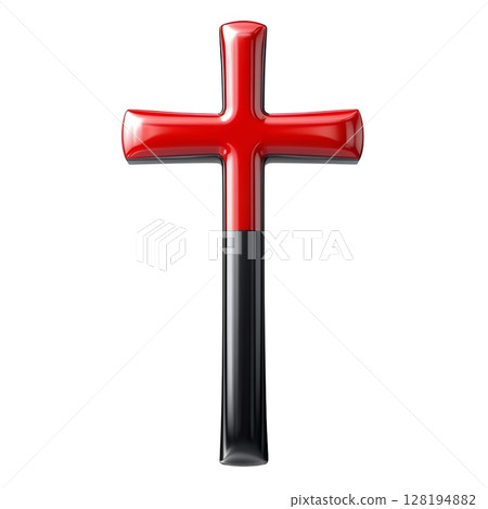 A 3D rendered image of a cross, half red and half black, isolated on a white background 128194882