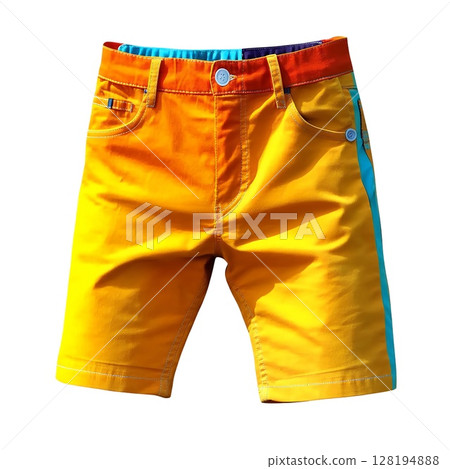 Stylish yellow shorts with colorful inner waistband, perfect for summer 128194888