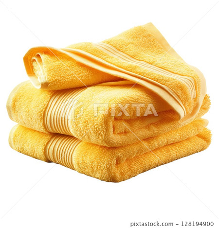 A neatly stacked pile of fluffy yellow bath towels, perfect for adding a touch of bright color and comfort to any bathroom 128194900