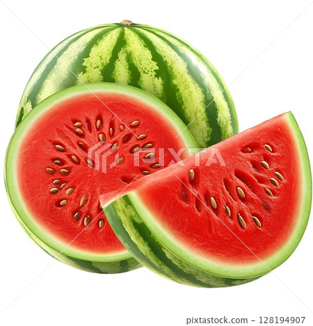 Juicy watermelon slices and a whole watermelon, ready to be enjoyed on a hot summer day Juicy watermelon slices and a whole watermelon, ready to be enjoyed on a hot summer day 128194907