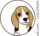 A sticker-style illustration of a beagle dog peeking out from a round frame 128194926