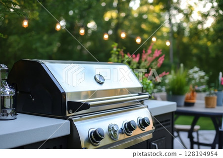Modern stainless steel barbecue grill on a patio with string lights and potted plants in the background, creating an inviting outdoor cooking and dining atmosphere 128194954