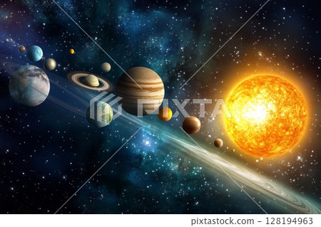 An artistic representation of the solar system with the sun and planets aligned, showcasing their relative sizes and unique characteristics against a starry cosmic background 128194963