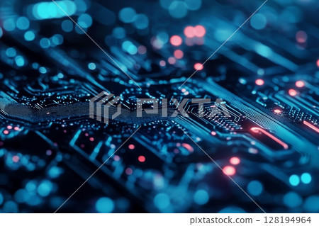 Detailed macro shot of a circuit board with glowing blue and pink elements, showcasing the intricate patterns and connections of modern technology 128194964