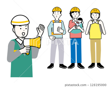 Illustration of disaster prevention officers and local residents conducting evacuation drills 128195000
