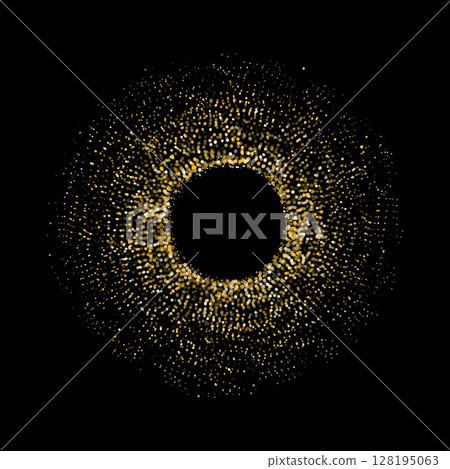 Circular burst of golden and white shimmering dots on a black background Circular burst of golden and white shimmering dots on a black background 128195063