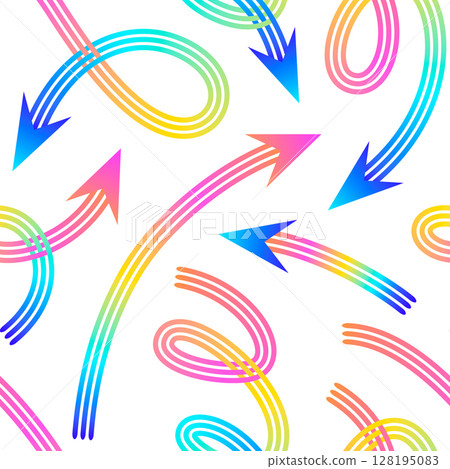 Pattern of colorful gradient arrows with curved and ribbon like forms pointing in various directions Pattern of colorful gradient arrows with curved and ribbon like forms pointing in various directions 128195083