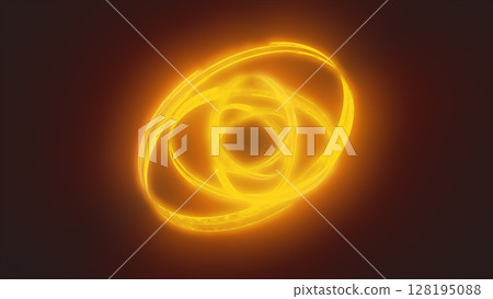 Radiant yellow-orange energy swirl forming a twisted glowing ring with intense heat and motion effects on dark background 128195088