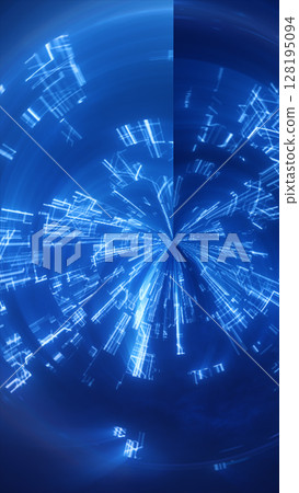 Futuristic blue tunnel of glowing rectangles and triangular particles radiating light 128195094