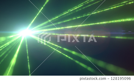 Vivid green light rays shooting from a radiant core with intense lens flares 128195096