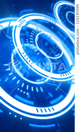 Futuristic blue digital interface composed of rotating circular elements, gauges, and HUD-style highlights glowing in perspective 128195099
