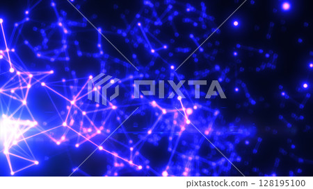 Glowing abstract purple-blue neural network web with dynamic light trails and digital mesh structure 128195100