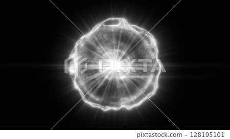 Abstract glowing white energy sphere radiating light beams in a dark void, evoking futuristic scientific concepts 128195101