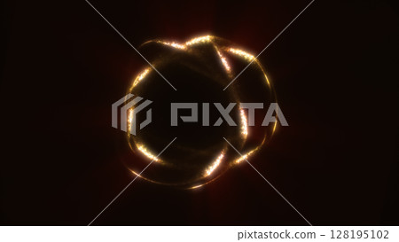 Glowing golden particle structure in flower-like shape with radiant energy beams and deep shadows 128195102
