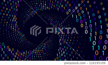 Dark background with swirling, colorful binary code forming a tunnel effect. 128195109