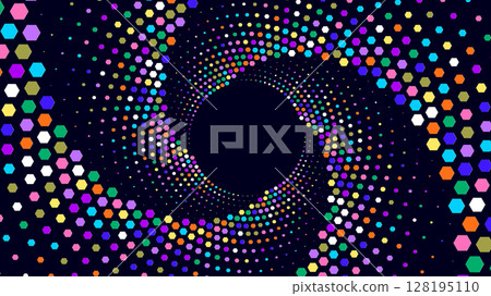 Colorful hexagons forming a swirling spiral pattern around a dark center. Colorful hexagons forming a swirling spiral pattern around a dark center. 128195110