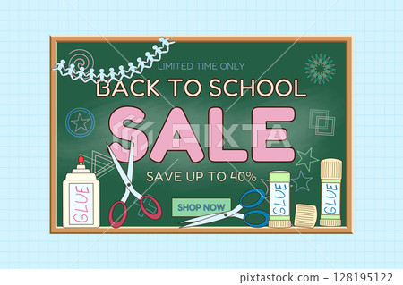 Back to school sale chalkboard banner with scissors, glue, paper garland and decorative chalk doodles. Cartoon promotion design on graph background. For seasonal shopping advertisement, or marketing. Back to school sale chalkboard banner with scissors, glue, paper garland and decorative chalk doodles. Cartoon promotion design on graph background. For seasonal shopping advertisement, or marketing. 128195122