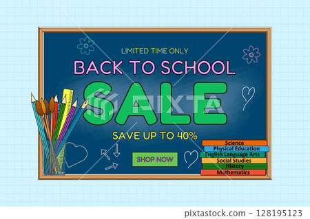 Back to school sale banner with chalkboard, school supplies, textbooks and discount message on graph background. For seasonal promotion, shopping advertisement, online store, and marketing material. 128195123