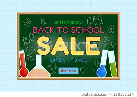 Back to school sale banner with green chalkboard, lab equipment, chemical formulas and discount message on graph background. For seasonal promotion, shopping advertisement, and marketing material. 128195124