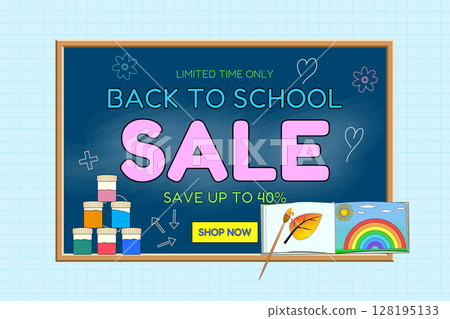 Back to school sale banner with chalkboard, paints, brush, and coloring book. Creative school supplies seasonal promotion on graph background. For shopping advertisement, and marketing material. 128195133