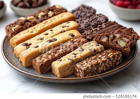 Variety of bakes and cookies in ceramic plate on a white background. Variety of bakes and cookies in ceramic plate on a white background. 128195174