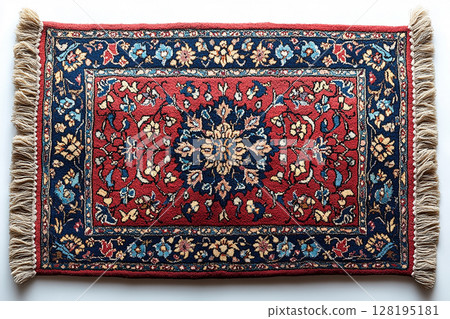 Handwoven Persian rug texture on a white background. Top view. Handwoven Persian rug texture on a white background. Top view. 128195181